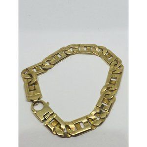 14k Solid Yellow Gold GREEK KEY-TIGER EYE Link Mens Bracelet 9” 37.5 Grm 10.5MM